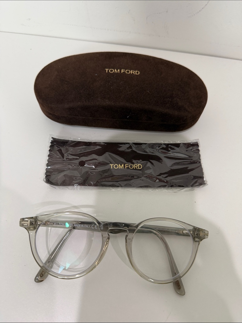 Tom Ford Men’s Clear/Light Gray Round Optical Glasses